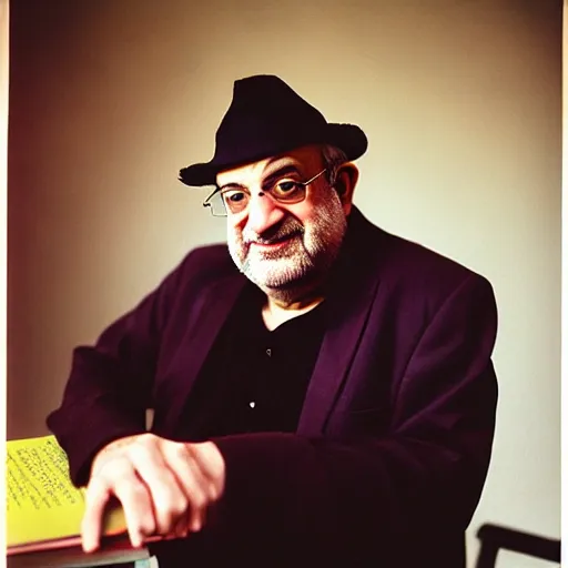 Image similar to kodachrome photographic portrait of author, salman rushdie from the year 3 0 0 0, portrait by annie liebowitz