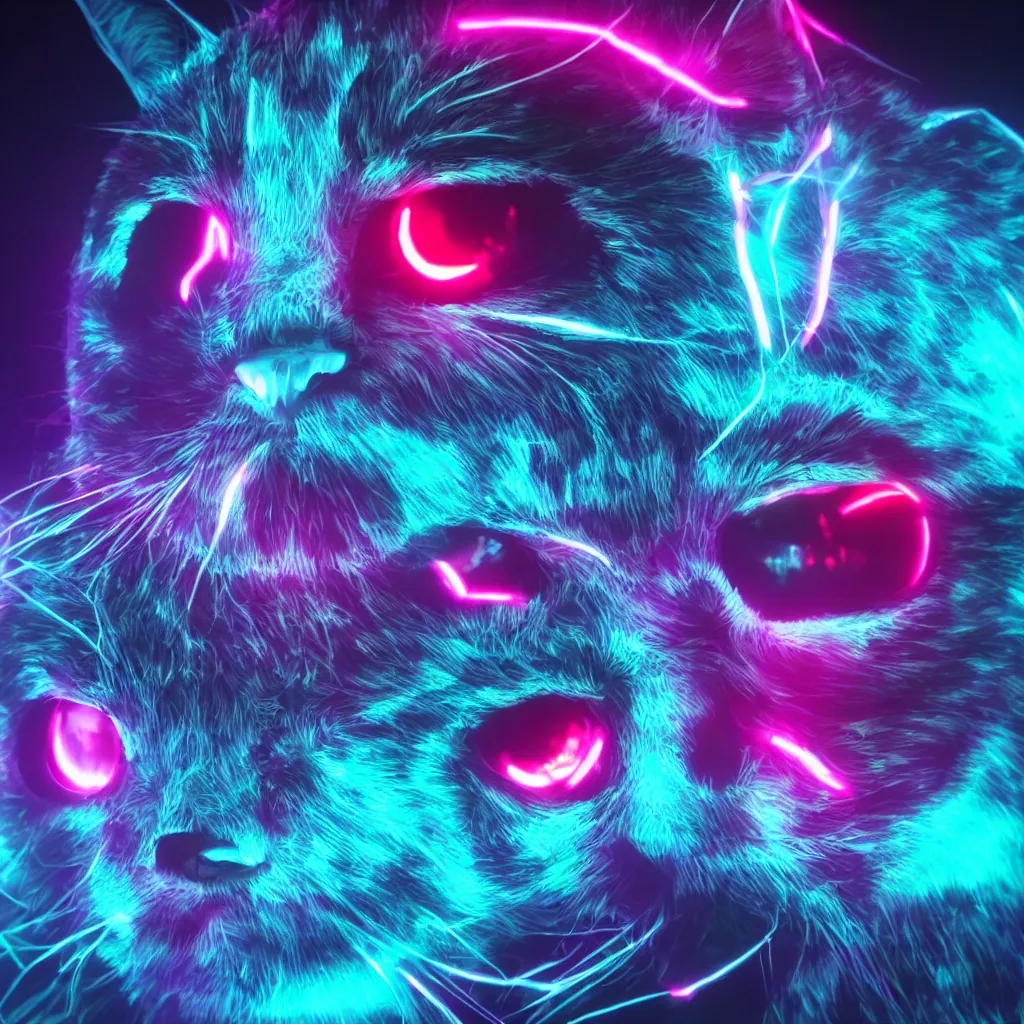 Prompt: cyber cat, cyber neon lighting, glowing eyes, futurism, hyper photorealistic, crispy quality, digital photography, trending in artstation, cinematic, beeple, 4 k ultra hd