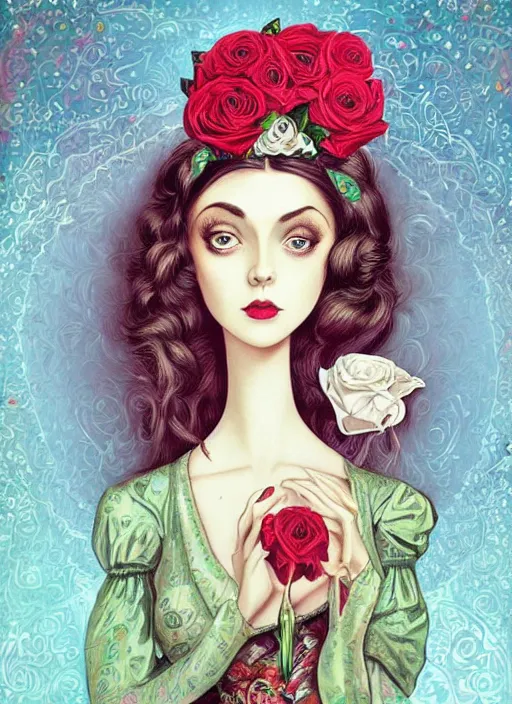 Image similar to a full body portrait of a woman in victorian clothing holding a rose, a surrealist painting by Jasmine Becket-Griffith, pinterest, pop surrealism, whimsical, art on instagram, surrealist