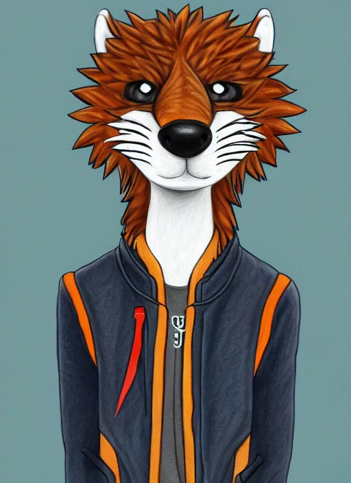 Image similar to expressive stylized master furry artist digital colored pencil painting full body portrait character study of the otter ( sergal ) small head fursona animal person wearing clothes jacket and jeans by master furry artist blotch, sharp focus