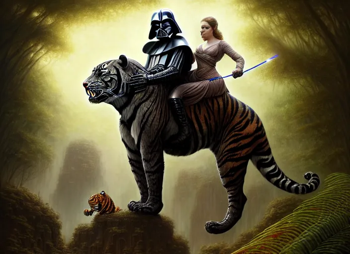 Image similar to romantic portrait shot of darth vader riding a tiger through the jungle intricate, elegant, highly detailed, centered, digital painting, artstation, concept art, smooth, sharp focus, illustration, artgerm, tomasz alen kopera, peter mohrbacher, donato giancola, joseph christian leyendecker, wlop, boris vallejo