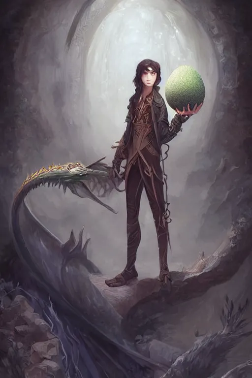 Image similar to portrait of elven teenage boy mage with long black hair holding dragon egg digital painting modern fantasy webtoon manhwa concept art by peter mohrbacher wlop