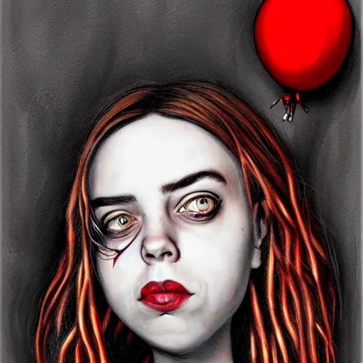 Image similar to surrealism grunge cartoon portrait sketch of billie eilish with a wide smile and a red balloon by - michael karcz, loony toons style, comic book style, horror theme, detailed, elegant, intricate