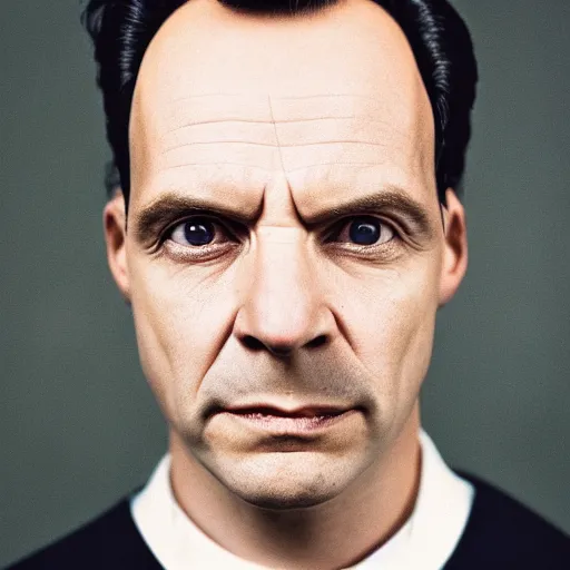 Prompt: Candid portrait photograph of Professor Moriarty, accurate face, correct face, symmetrical face, taken by Annie Leibovitz