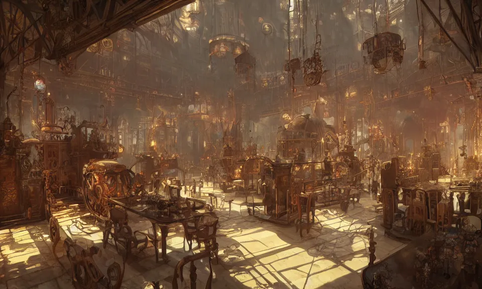 Prompt: Interior of a Steampunk amusement park Greg Rutkowski, ArtStation, CGSociety, ultra realistic, ray tracing, 3d render, volumetric light, Enki Bilal, Unreal Engine