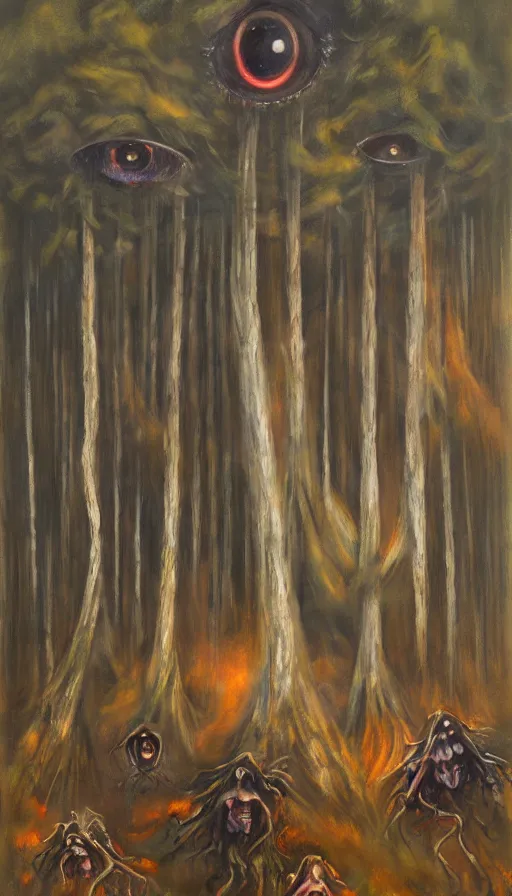Image similar to a storm vortex made of many demonic eyes and teeth over a forest, by emilia wilk