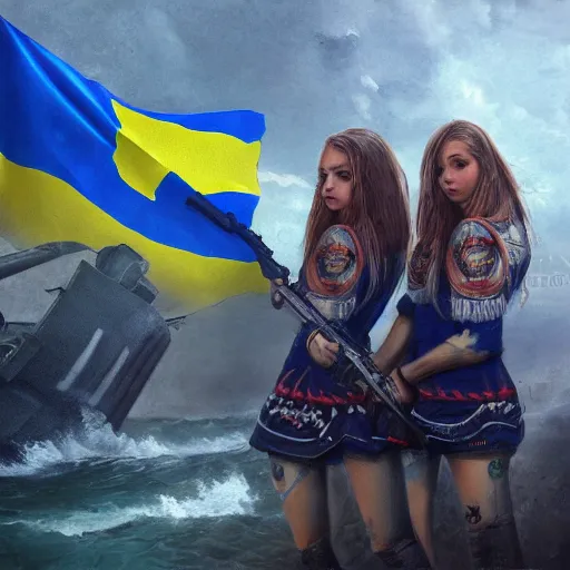 Image similar to ukrainian girls with ukrainian flag near big ruined warship, happy, concept art, trending on artstation, highly detailed, intricate, sharp focus, digital art, 8 k