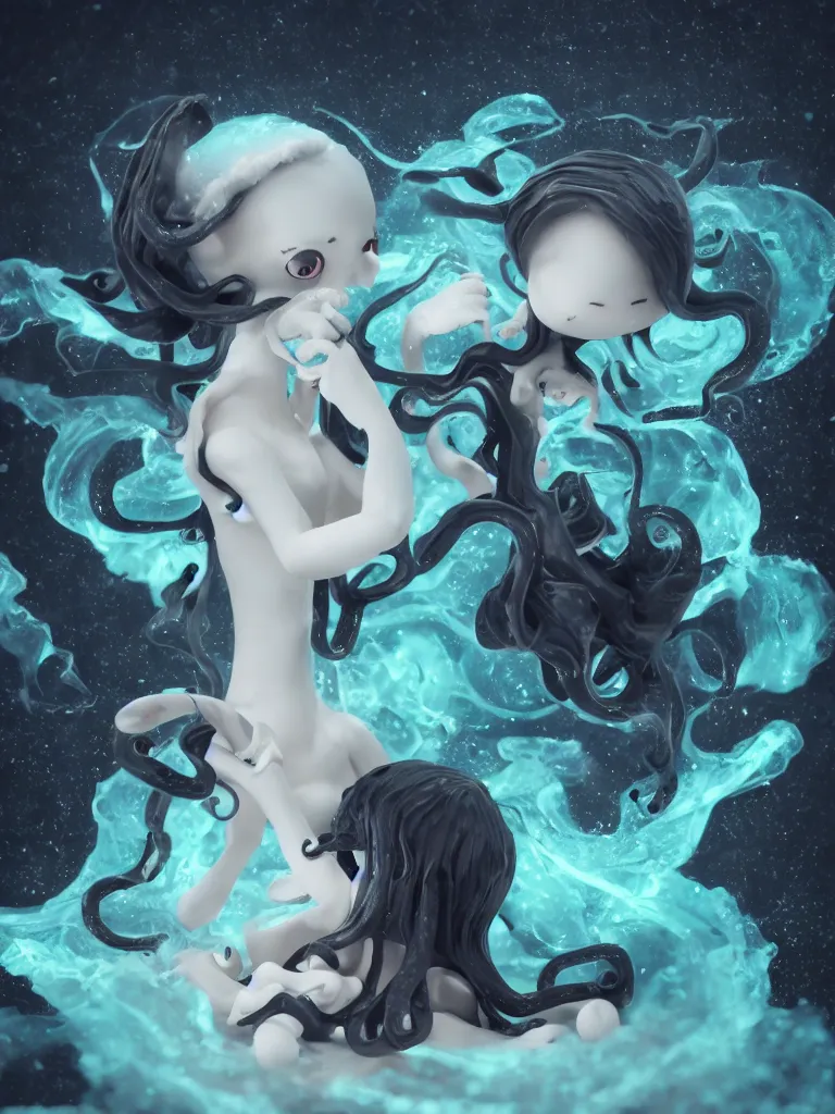 Image similar to cute fumo plush gothic octopus maiden alien girl combing her hair in the waves of the wavering dark galactic abyss, ocean wave thunderstorm and reflective splashing water, black and white, ocean simulation, vignette, vray