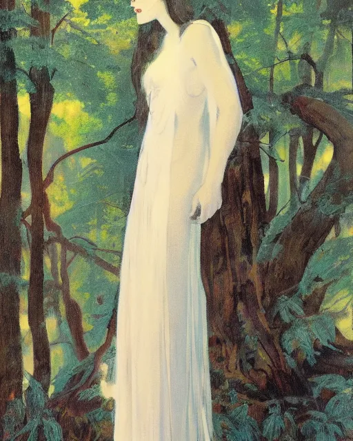 Image similar to a young woman wearing a white dress encounters the great god pan in a forest clearing, 1 9 7 0 s, seventies, wallpaper, delicate embellishments, painterly, offset printing technique, by brom, robert henri, walter popp