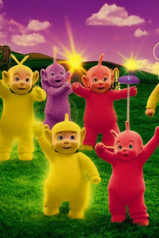 Image similar to Teletubbies gathered in a circle and evoke Satan, VHS effect, old tube TV screen, realistic materials, attention to detail, detailed depth of field, high-quality composition