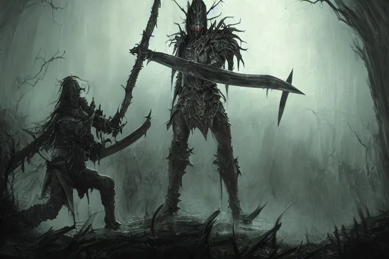 Prompt: A hyper realistic dark fantasy painting of a undead warrior with a big sword by Adam Duff and Julia Yurtsev, intricate details, spiky armour, glowing eyes, monstrous, trending on artstation, pinterest, pixiv, 4k, 8k, HDR, Unreal Engine, Octane render