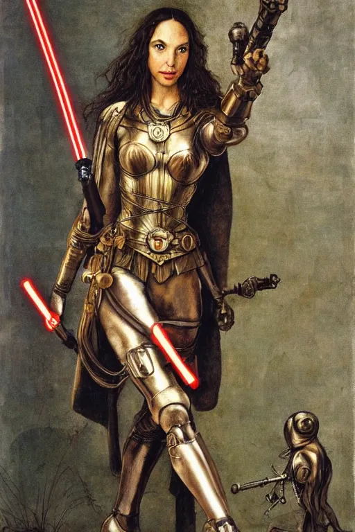 Image similar to highly detailed steampunk gal gadot standing, light saber, hieronymus bosch, leonardo da vinci, albrecht durer