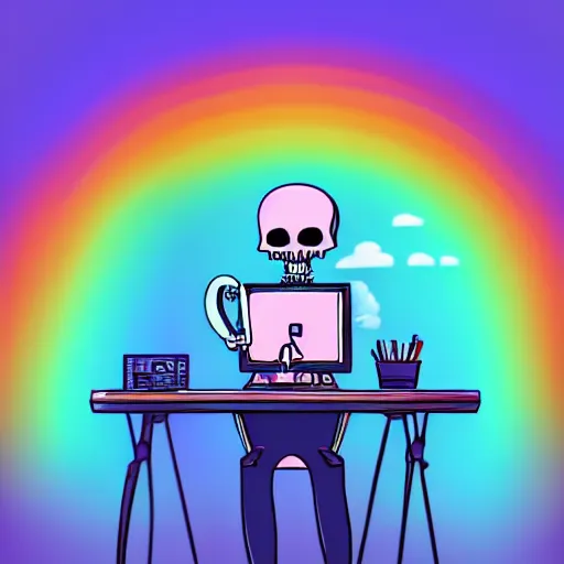 Prompt: a rainbow skeleton wearing a suit sitting at a desk typing on a computer, cute, colorful, pastel, digital ark, 4k, clean lines, well lit, office, neon, artstation,