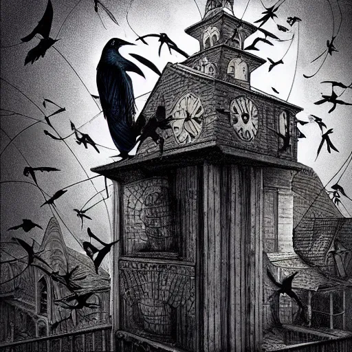 Image similar to a clown on the roof of the church playing with crows, by android jones and m. c. escher collaboration, futurist, digital art, dramatic lighting, symbolic