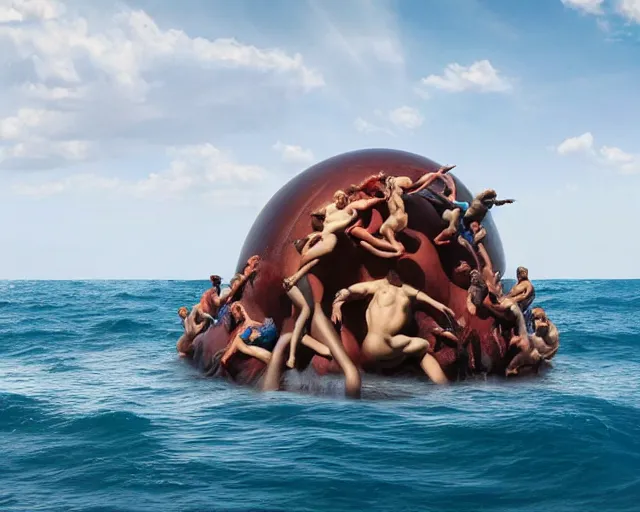 Prompt: a massive sculpture of desperate people climbing a perfect sphere on the ocean water, in the style of jeff koons and michelangelo, inspired by the greatest sculptors, inspired by renaissance, cinematic, hyper - realistic, very detailed, realistic water splashes, ray tracing, 8 k resolution, long - shot, sharp focus, low angle, 8 5 mm photograph, wide lens