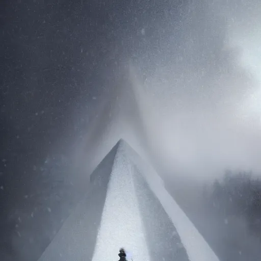 Image similar to cinematic shot epic portrait an snow pyramid in middle of an snowy forest, cloudy, foggy, blizzardy, broad light, ambient occlusion, volumetric light effect, made by ivan aivazovsky, peter mohrbacher, greg rutkowski, matte painting, trending on artstation, 4 k, perfectly defined features, digital painting, cinematic, epic, highly detailed,