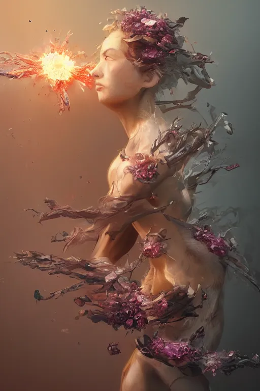 Prompt: beautiful girl necromancer exploding into flowers, 3 d render, hyper - realistic detailed portrait, holding electricity, ruan jia, wlop. scifi, fantasy, hyper detailed, octane render, concept art,