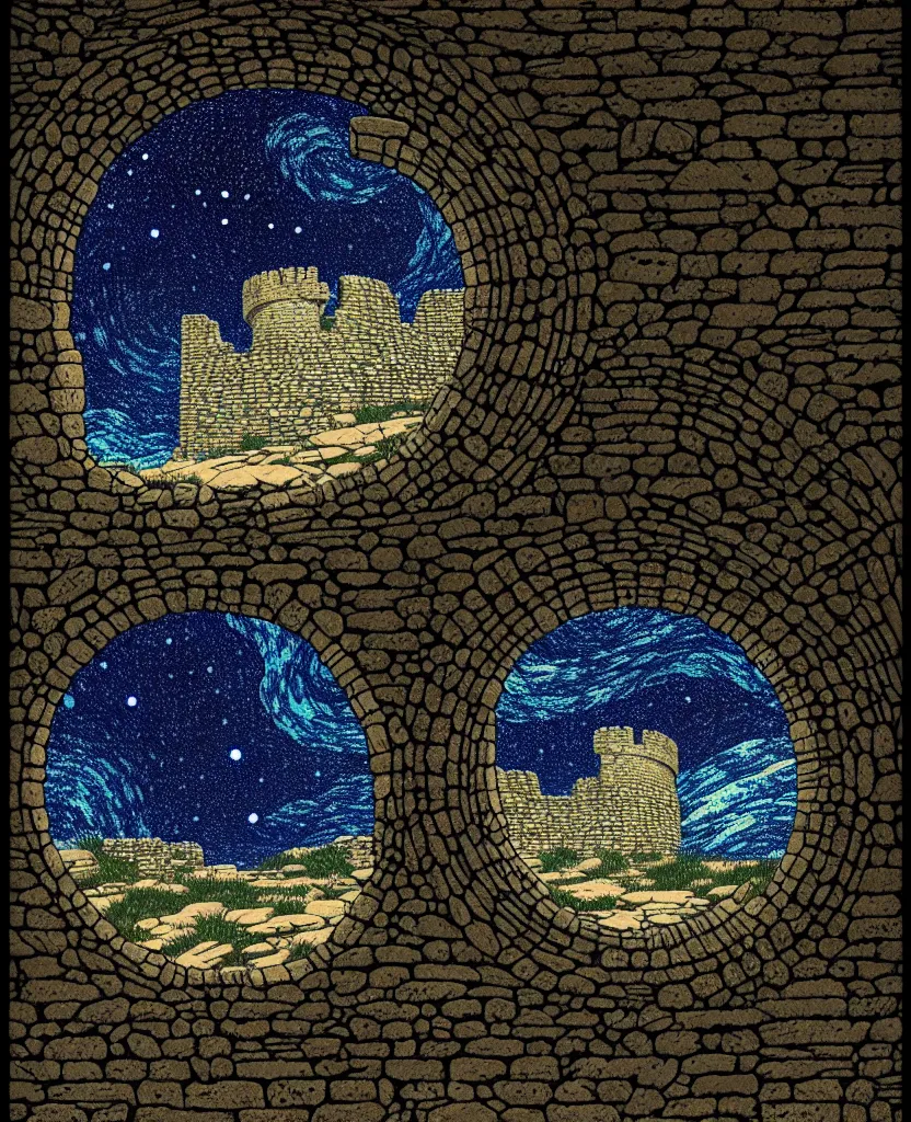 Prompt: stone wall inside of a ancient castle, round window looking out to the starry night sky, high details, intricately detailed, by vincent di fate, inking, 3 color screen print, masterpiece, trending on artstation,, sharp, details, hyper - detailed, hd, 4 k, 8 k