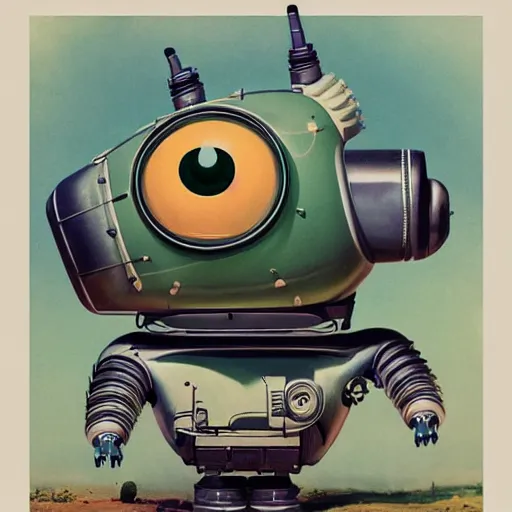 Prompt: WIDE shot of a 1950s retro cactus robot, with space above the head. Bionic Arms and eyes. pop surrealism, muted colours. by Jean-Baptiste Monge, wide shot