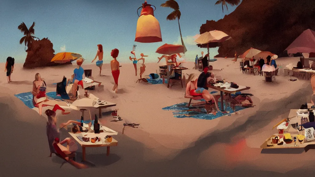 Image similar to A beach lunch, in the style of David Lynch, by Wes Anderson, concept art, artstation