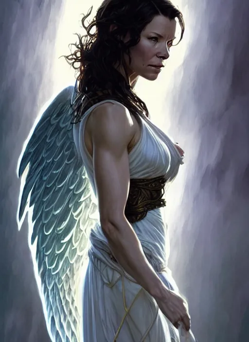 Prompt: evangeline lilly as the angel of death, deep focus, d & d, fantasy, intricate, elegant, highly detailed, digital painting, artstation, concept art, matte, sharp focus, illustration, hearthstone, art by artgerm and greg rutkowski and alphonse mucha