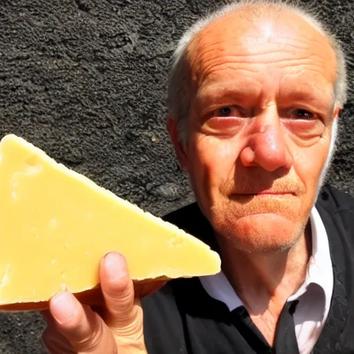 Image similar to photo of a very suspicious man holding cheese