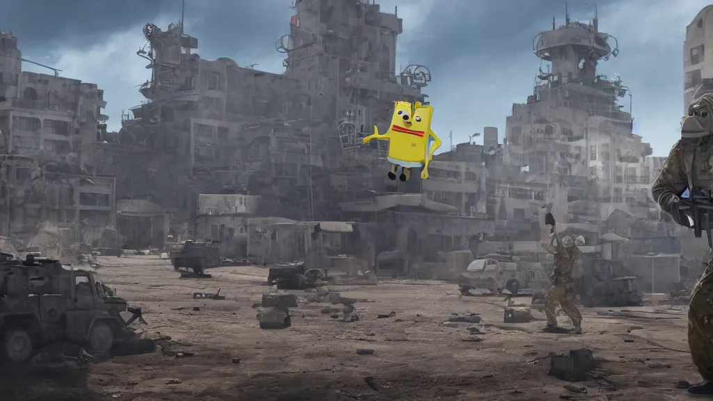 Prompt: spongebob squarepants as a navy seal, in a gun fight in an unknown third world city, wide shot, created in unreal engine 5, 3 d, hyperrealistic, rendered in octane, by yuumei, bayard wu, wlop, tim white, ross tran, 4 k