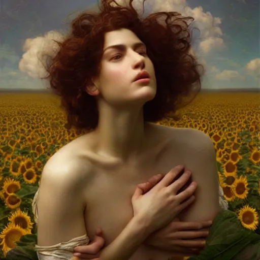 Image similar to highly detailed oil painting | very intricate | cinematic lighting | award - winning | the sunflower field | by roberto ferri, by tom bagshaw, by j. c. leyendecker and klimt, beautiful cinematic light, american romanticism, by austin osman spare, artstation, cgsociety, official art, octane