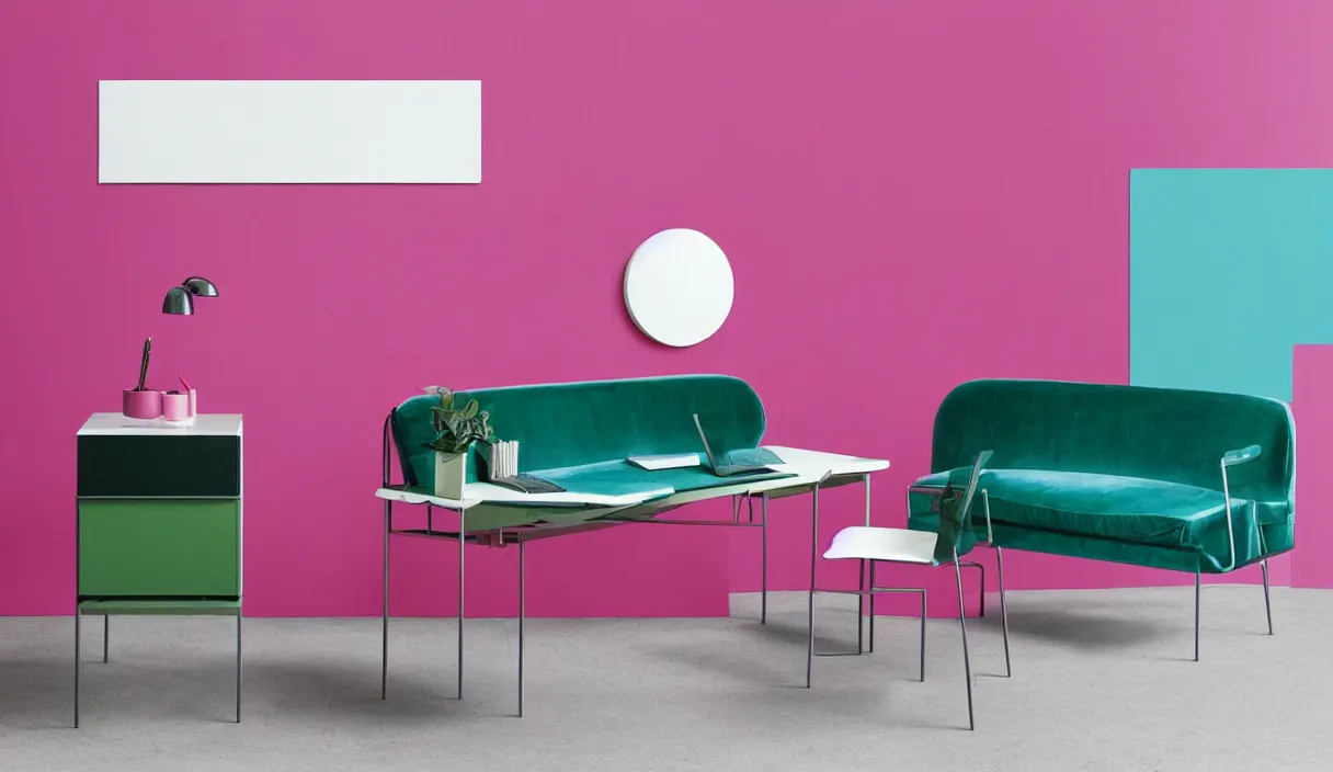 Image similar to a minimal 7 0 s prisunic catalog with the indoor office of severance series ( 2 0 2 2 ), in color, all furniture in pink velvet, soft clear green, blue navy and metal