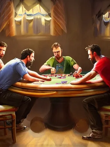Image similar to half dozen guys arguing over a game of poker. caotic fight intricate, elegant, highly detailed, digital painting, artstation, concept art, sharp focus, illustration, by justin gerard and artgerm, 8 k