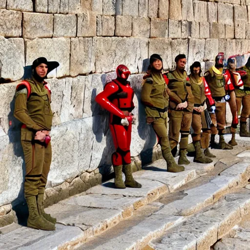 Prompt: idf soldiers as super sentai fighting at the wailing wall