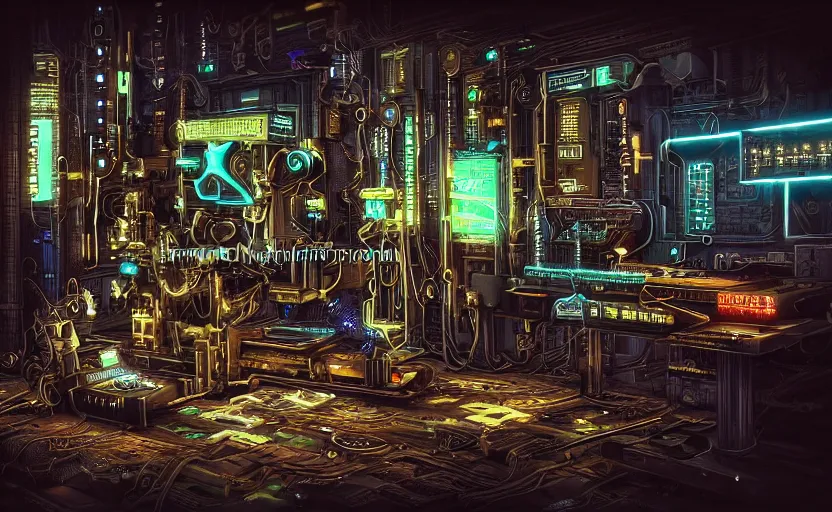 Image similar to technological drilling machine, extremely detailed cyberpunk ( steampunk ), small neon keyboard, realistic shaded,
