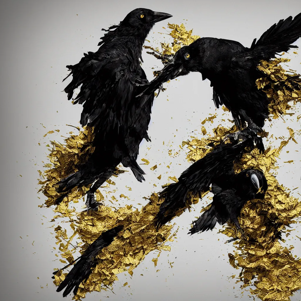 Image similar to Raven with wings made of gold and black eyes, white background, octane render, dramatic, depth of field