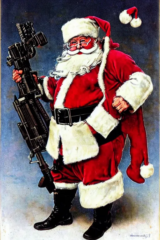 Image similar to concept of a jolly Santa Claus holding a M61 Vulcan machine gun and wearing an army harness vest full of pouches, full body concept in the style of Norman Rockwell and Simon Bisley