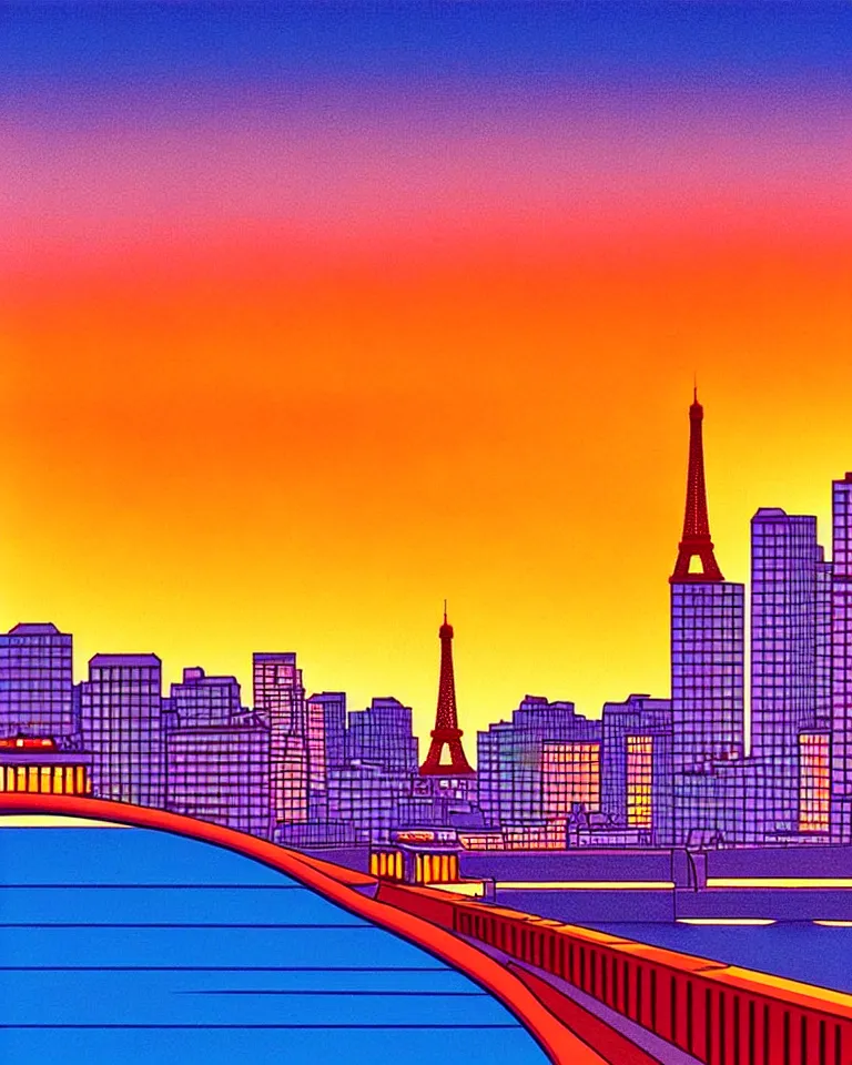 Image similar to gorgeous romantic sunset, cliffside onlooking the beautiful city of paris, warm colors, in the style of hiroshi nagai, very detailed, 8 0 s