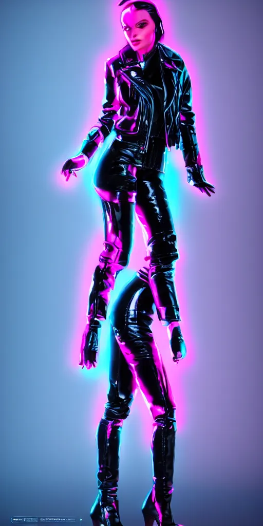 Prompt: a photo of 8k ultra realistic a black haired female rock star in high heels and a black leather jacket, pink and blue neon, cinematic lighting, trending on artstation, 4k, hyperrealistic, focused, unreal engine 5, cinematic, masterpiece