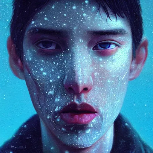 Image similar to 3 d, sci - fi, close - up, winter, man esthete with disgust face, moon, cinematic, fog, moon rays, vogue cover style, poster art, deep blue mood, realistic painting, intricate oil painting, high detail illustration, figurative art, multiple exposure, poster art, by tooth wu and wlop and beeple and greg rutkowski