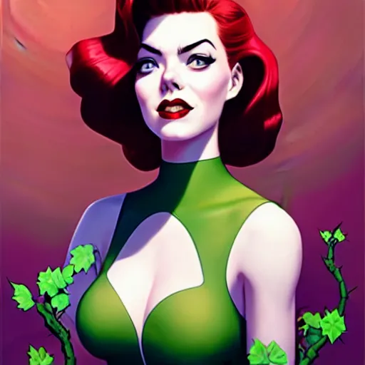 Image similar to phil noto, artgerm, 1 9 5 0 s rockabilly emma stone poison ivy dc comics, pompadour, long hair, vines, symmetrical eyes, city rooftop