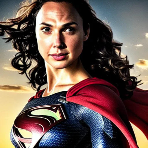 Image similar to an potrait of gal gadot play Man of Steel replacing Henry Cavill, photorealistic, high detail, photo studio, testing custom, 4k