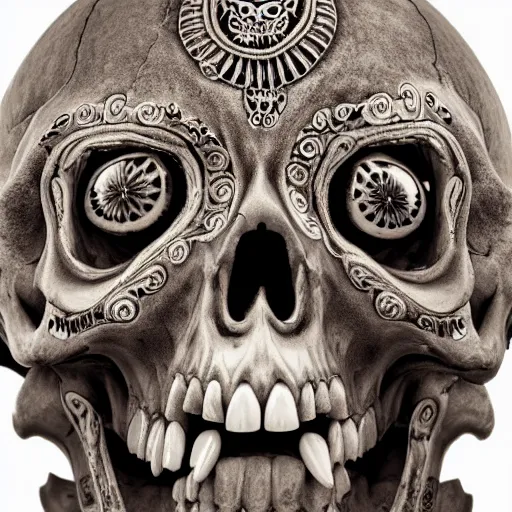 Image similar to a award winning stunning photograph of a skull with eyeballs and ornate carvings