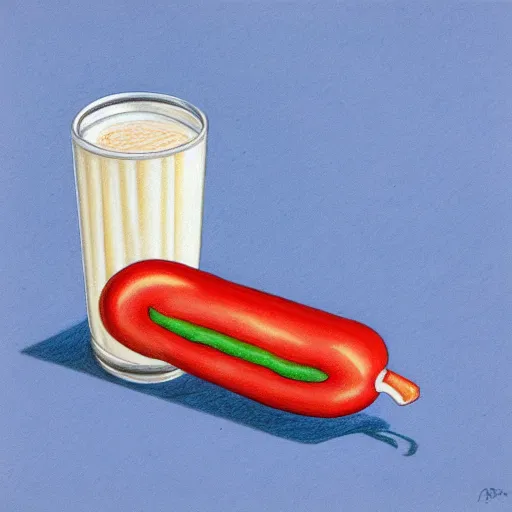 Image similar to hotdog floating, milk, lactose, colored pencil drawing