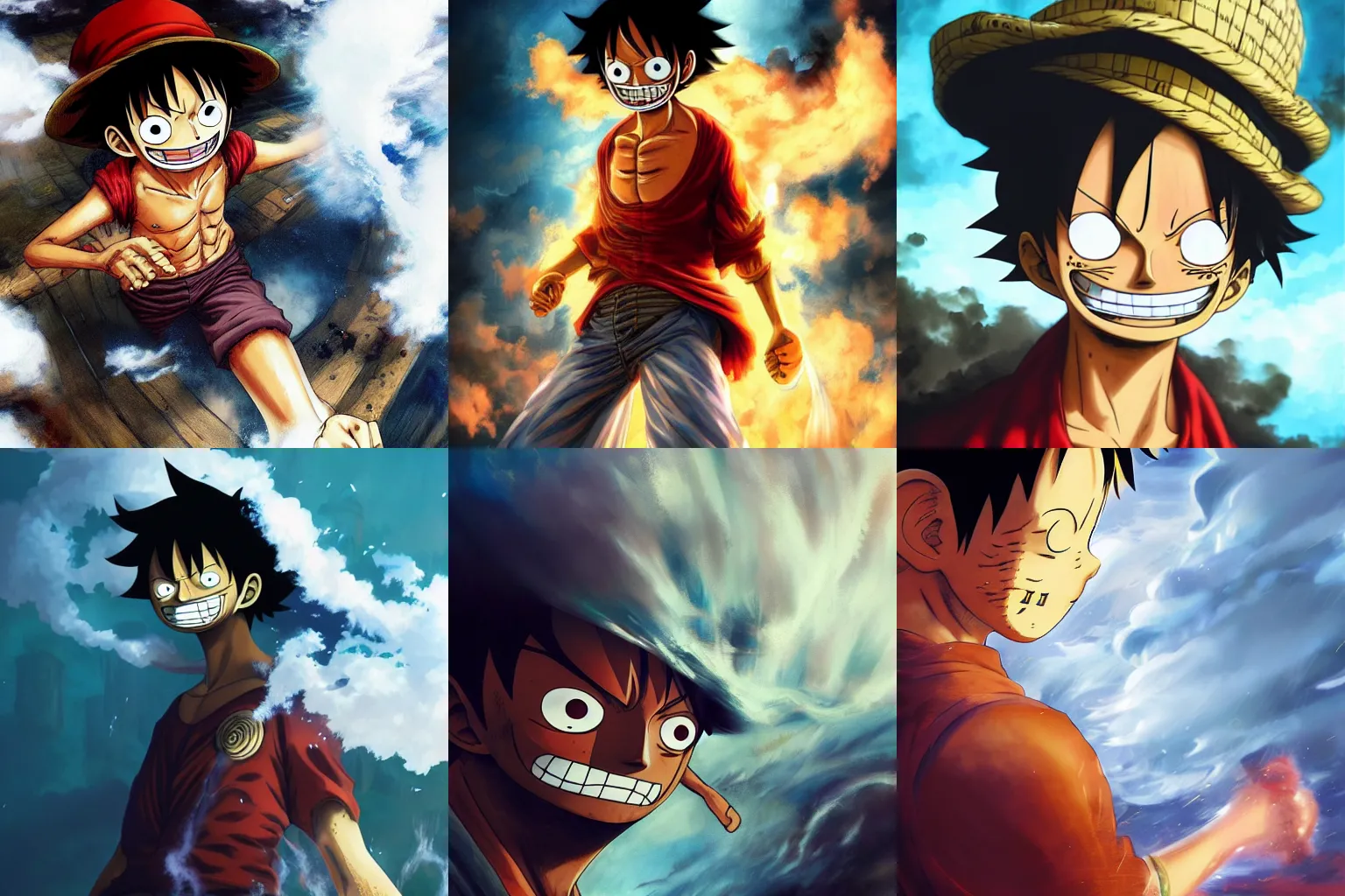 Prompt: Luffy (one piece anime) surrounded by steam emanating off of his body, oil painting, Tooth Wu, Greg Rutkowski, RPG portrait, dynamic lighting, fantasy art, High contrast, depth of field