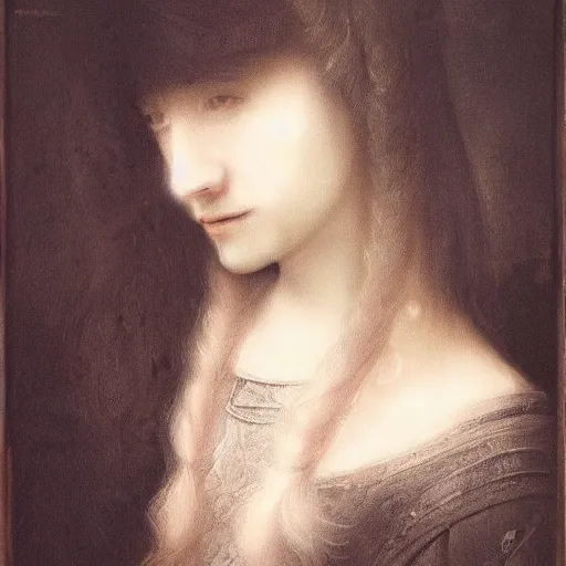 Prompt: portrait of a beautiful ethereal girl with long silver hair, in dark clothes, fantasy setting, Rembrandt style