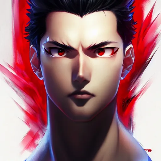 Image similar to anime portrait of a slick black hair guy with red eyes by stanley artgerm lau, wlop, rossdraws, james jean, andrei riabovitchev, marc simonetti, and sakimichan, trending on artstation