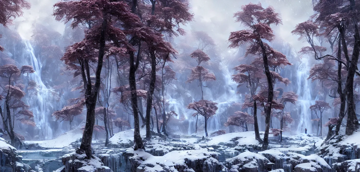 Image similar to the most beautiful panoramic landscape, oil painting, where a giant dreamy waterfall is frozen, the trees around have snow over their leafs, by greg rutkowski