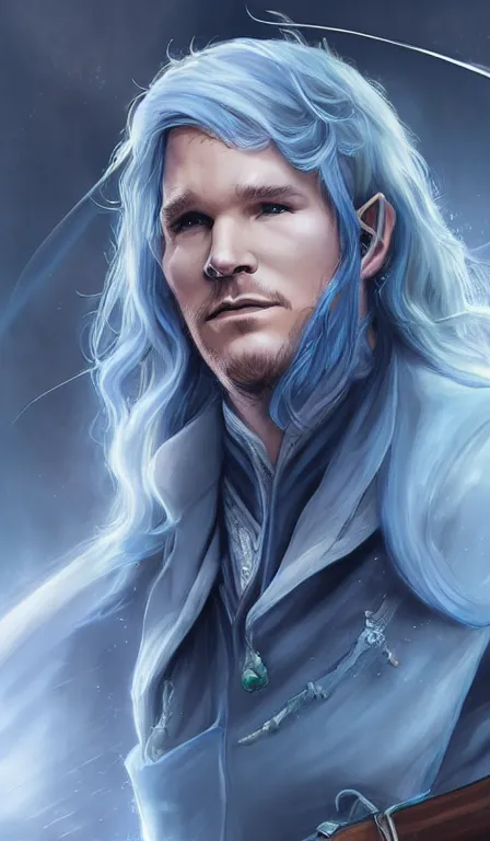 Image similar to cute whimsical half - elf sorcerer rogue with lightning, chris pratt light grey - blue hair, d & d, fantasy, portrait, highly detailed, digital painting