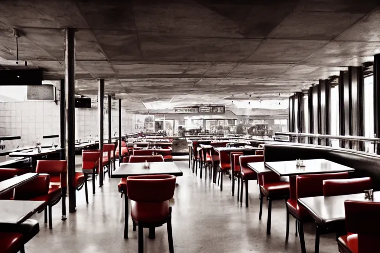 Prompt: 2 0 1 5 brutalism themed classic american diner, people sitting at tables, brutalist, one point perspective, americana, restaurant interior photography