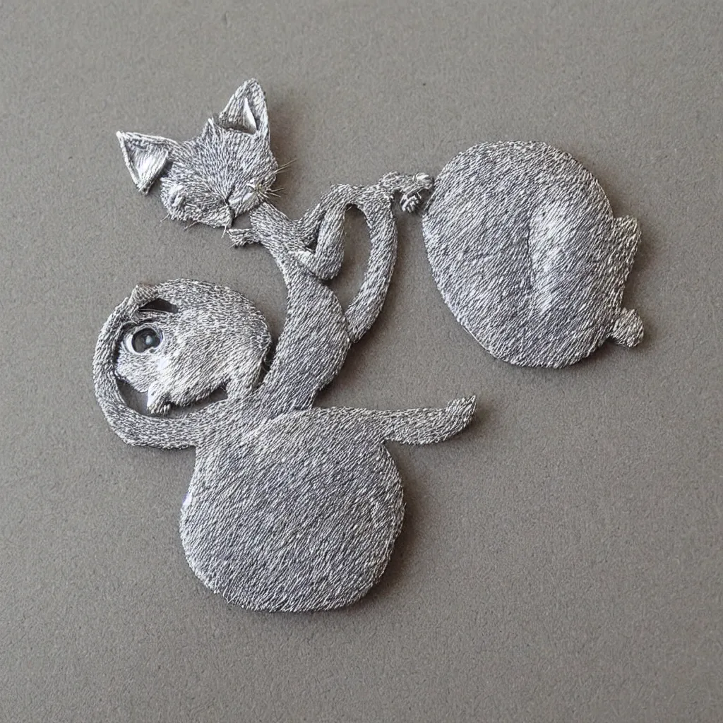 Image similar to Silver embroidered cat brooch, realistic, clean,