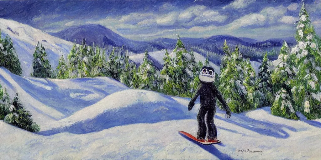 Image similar to pepe the frog snowboarding, gloomy landscape, expressive oil painting by christopher radlund and camille pissaro