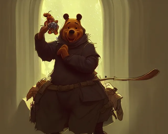 Prompt: winnie the pooh as john wick, deep focus, d & d, fantasy, intricate, elegant, highly detailed, digital painting, artstation, concept art, matte, sharp focus, illustration, hearthstone, art by artgerm and greg rutkowski and alphonse mucha